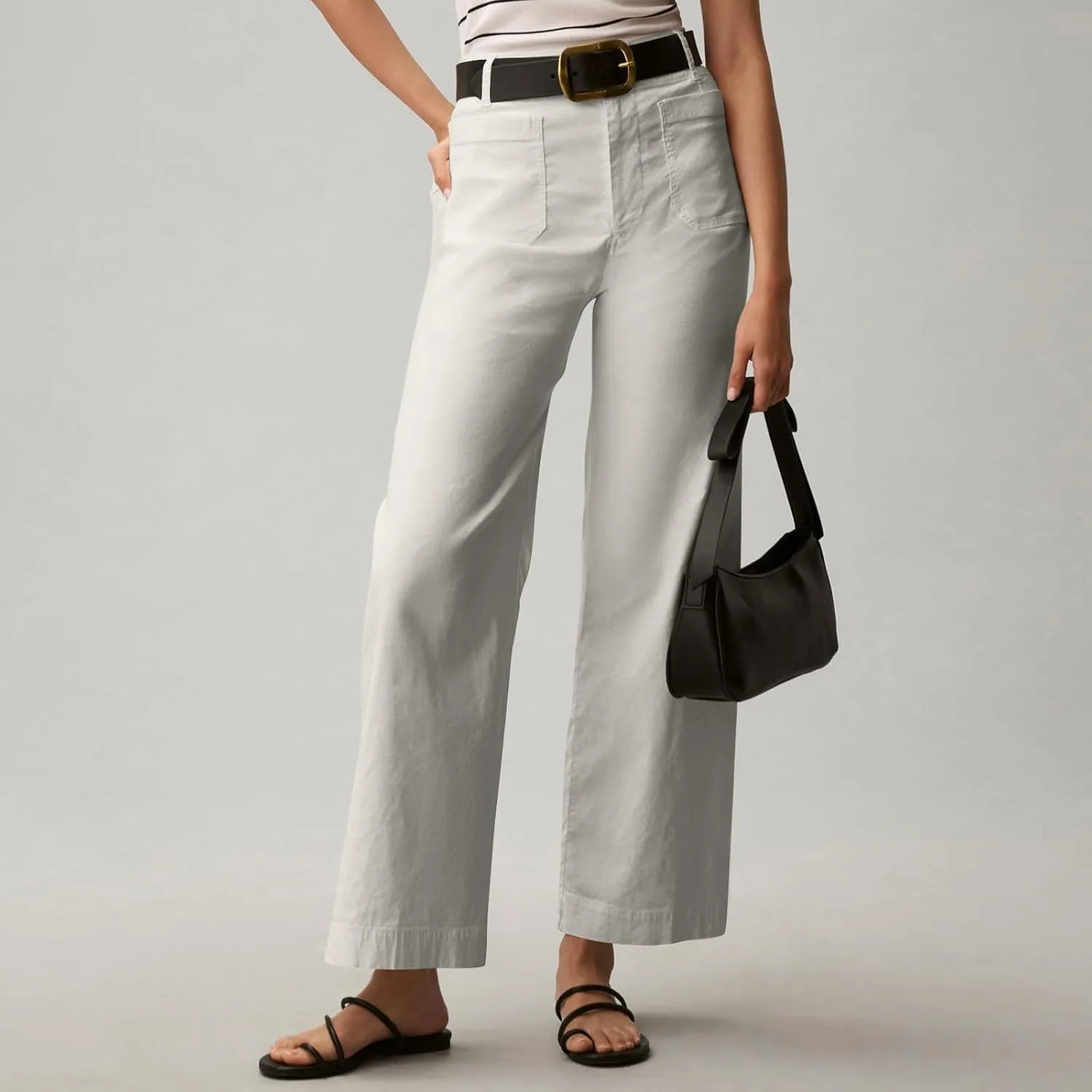 Wide Leg Jeans Women High Waisted Stretch Twill Cropped Pants with Pocket Casual Straight Leg Pants Comfy Chino Pants