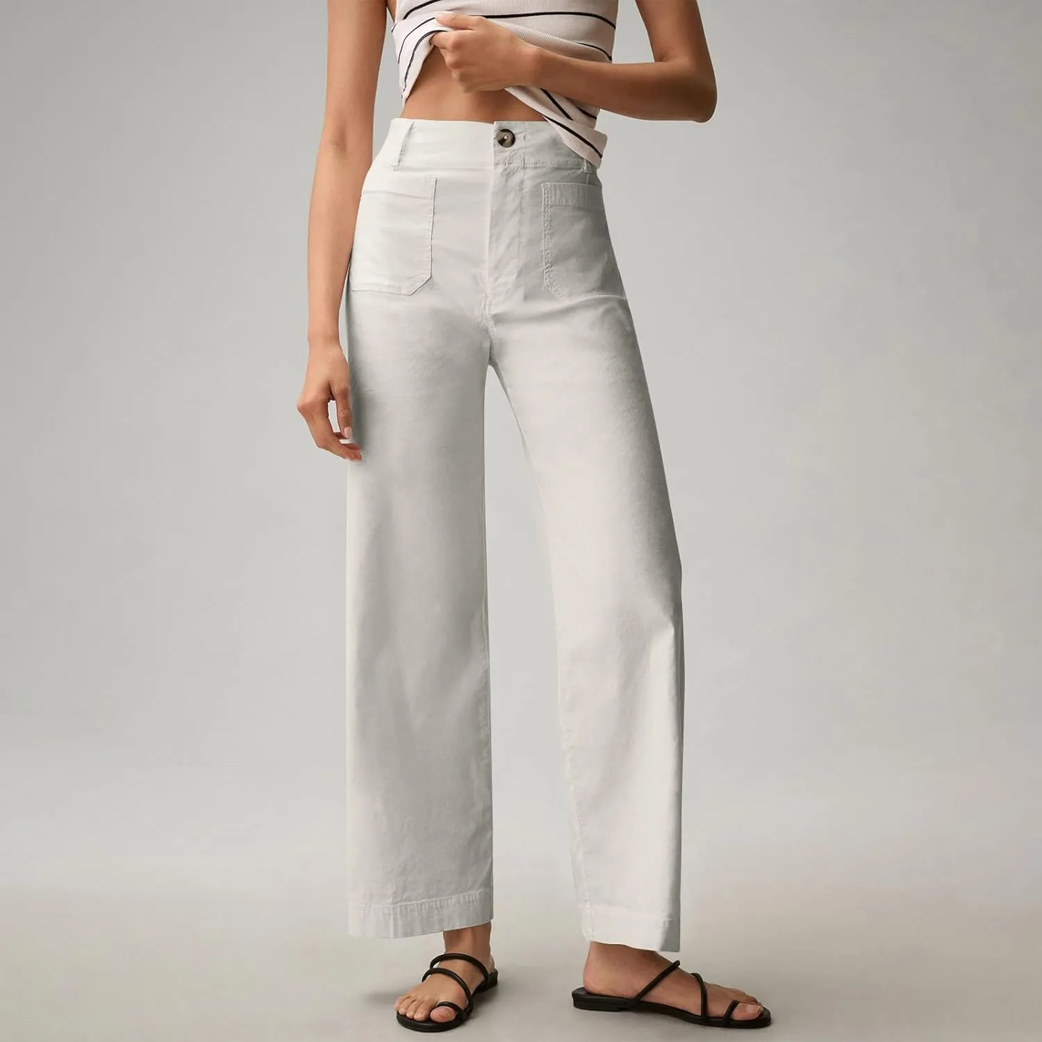 Wide Leg Jeans Women High Waisted Stretch Twill Cropped Pants with Pocket Casual Straight Leg Pants Comfy Chino Pants