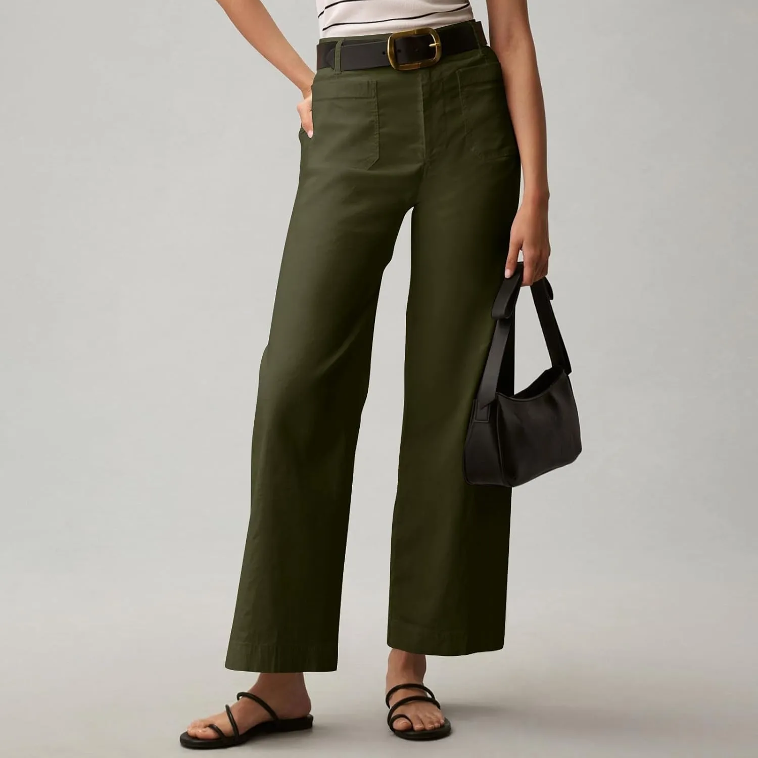 Wide Leg Jeans Women High Waisted Stretch Twill Cropped Pants with Pocket Casual Straight Leg Pants Comfy Chino Pants