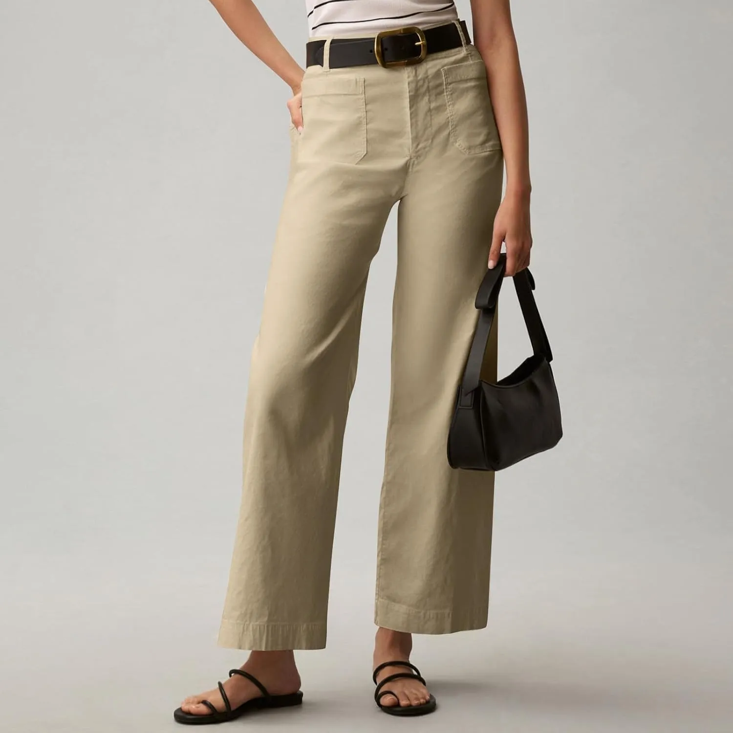Wide Leg Jeans Women High Waisted Stretch Twill Cropped Pants with Pocket Casual Straight Leg Pants Comfy Chino Pants