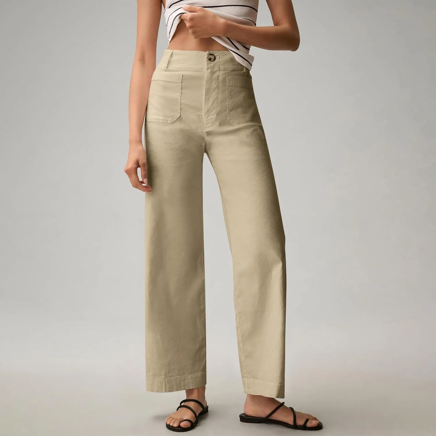 Wide Leg Jeans Women High Waisted Stretch Twill Cropped Pants with Pocket Casual Straight Leg Pants Comfy Chino Pants