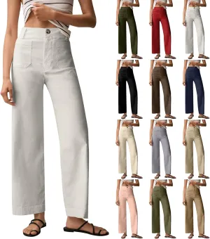 Wide Leg Jeans Women High Waisted Stretch Twill Cropped Pants with Pocket Casual Straight Leg Pants Comfy Chino Pants