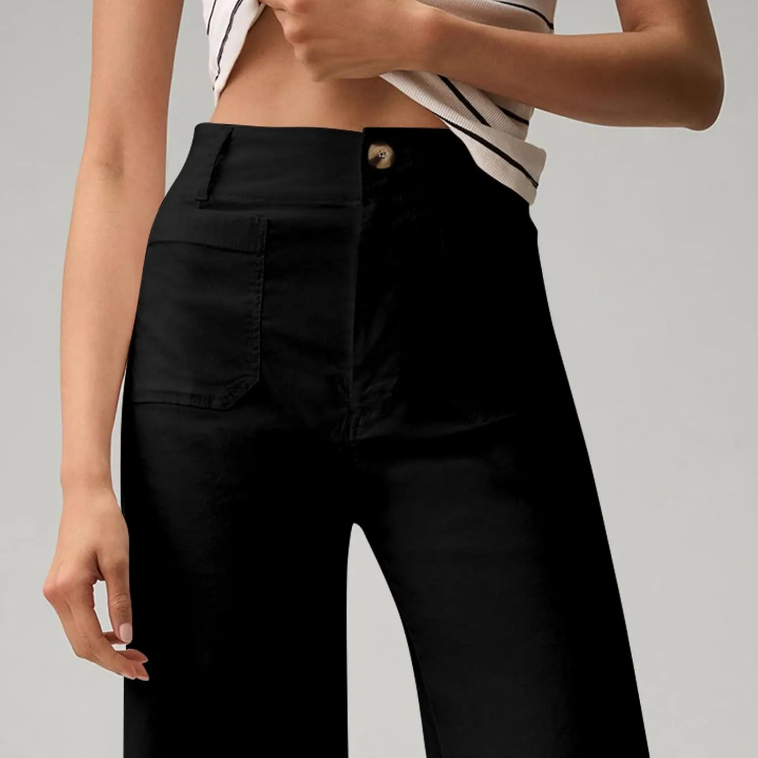 Wide Leg Jeans Women High Waisted Stretch Twill Cropped Pants with Pocket Casual Straight Leg Pants Comfy Chino Pants