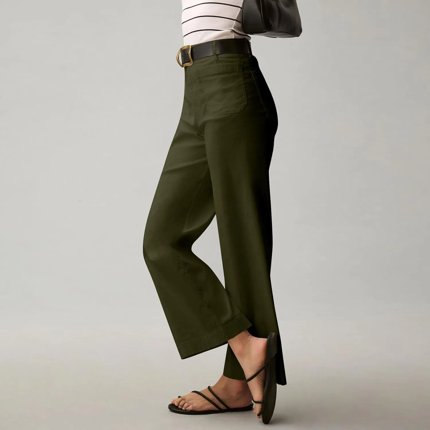 Wide Leg Jeans Women High Waisted Stretch Twill Cropped Pants with Pocket Casual Straight Leg Pants Comfy Chino Pants