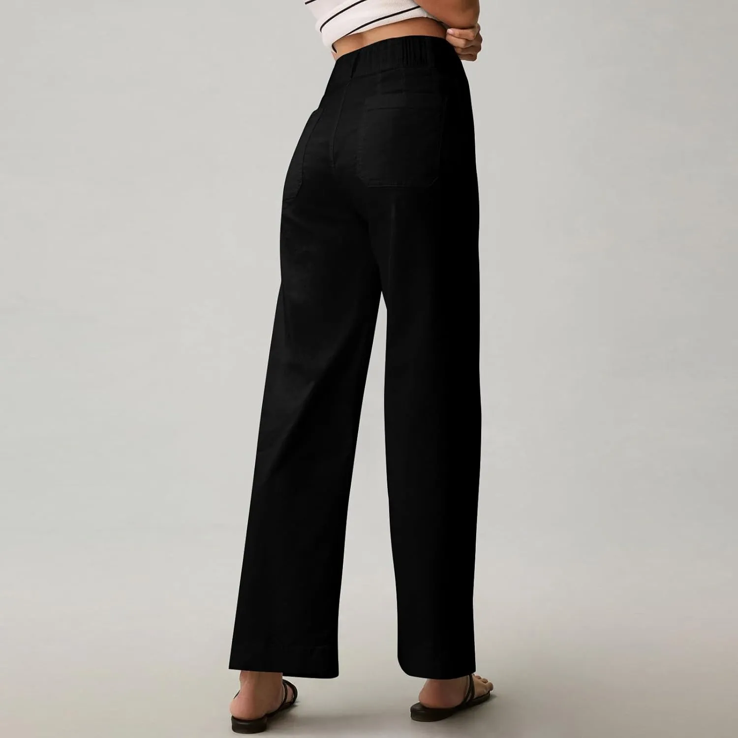 Wide Leg Jeans Women High Waisted Stretch Twill Cropped Pants with Pocket Casual Straight Leg Pants Comfy Chino Pants