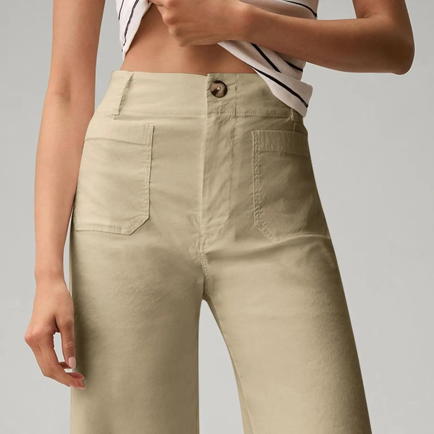 Wide Leg Jeans Women High Waisted Stretch Twill Cropped Pants with Pocket Casual Straight Leg Pants Comfy Chino Pants