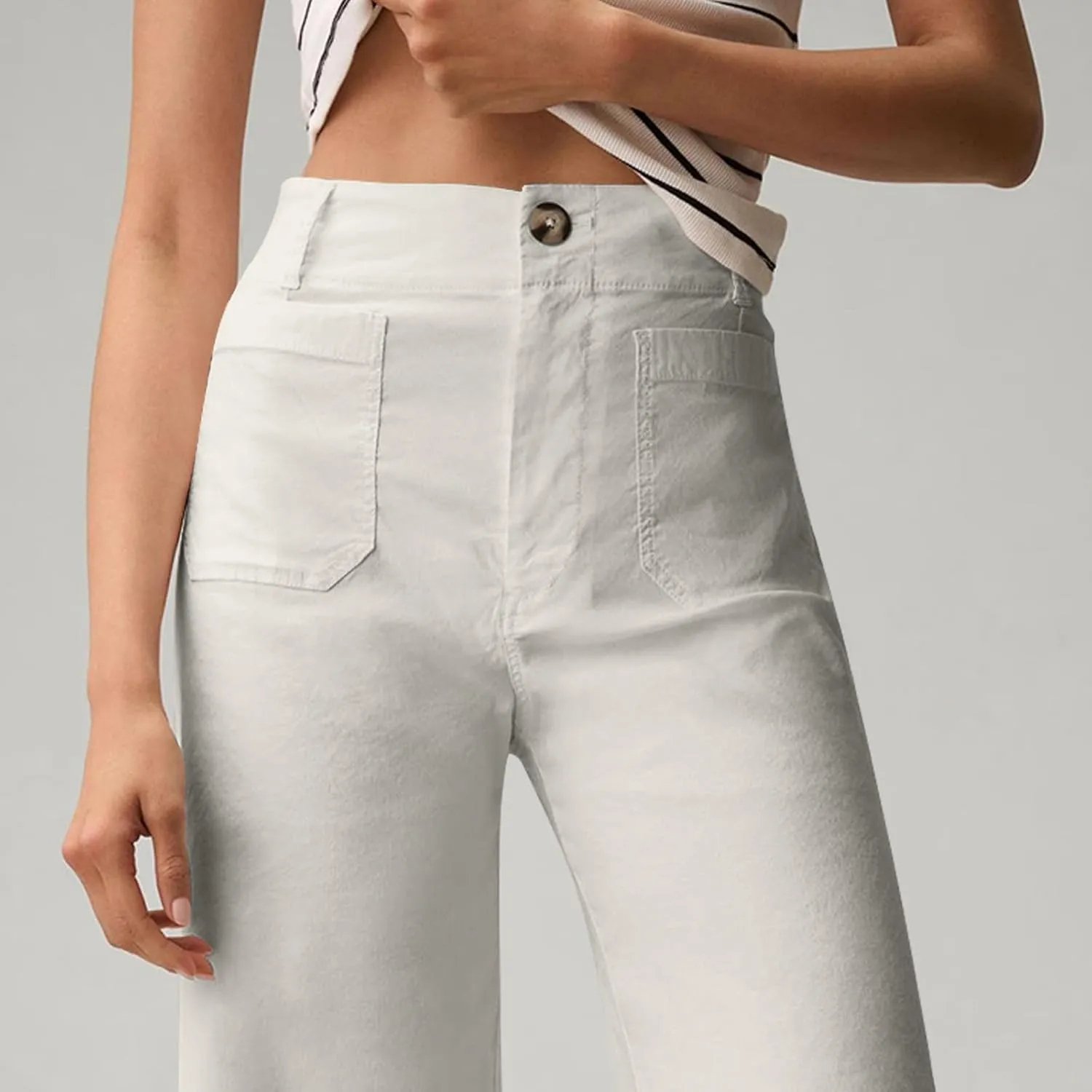 Wide Leg Jeans Women High Waisted Stretch Twill Cropped Pants with Pocket Casual Straight Leg Pants Comfy Chino Pants