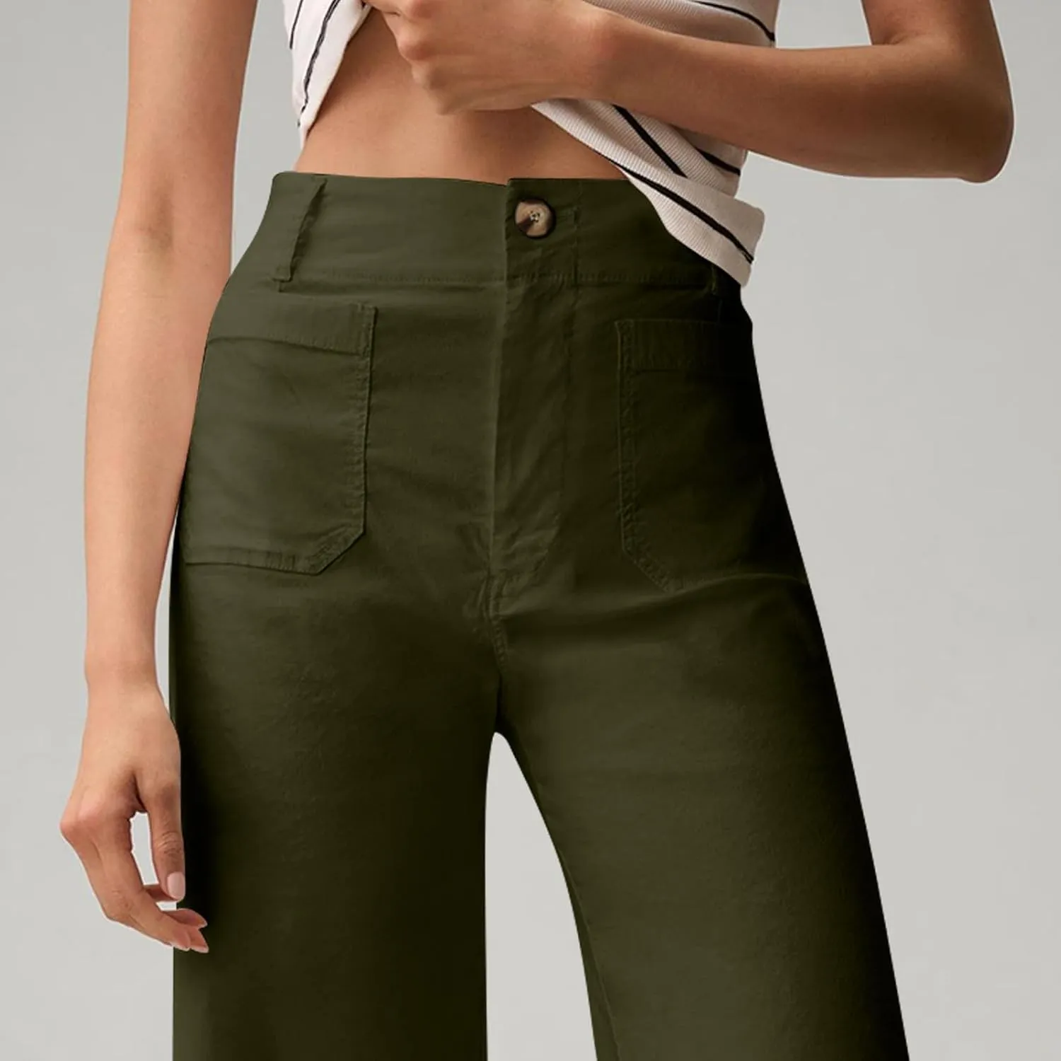 Wide Leg Jeans Women High Waisted Stretch Twill Cropped Pants with Pocket Casual Straight Leg Pants Comfy Chino Pants
