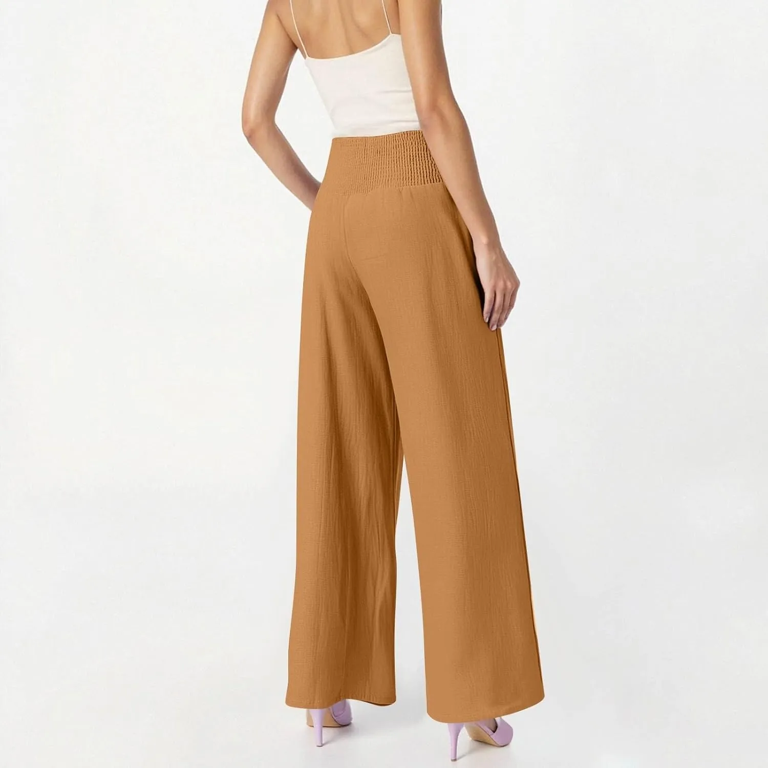 Wide Leg Linen Pants for Women High Waist Summer Palazzo Pants Smocked Elastic Pant Dressy Trouser with Pockets