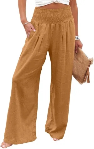 Wide Leg Linen Pants for Women High Waist Summer Palazzo Pants Smocked Elastic Pant Dressy Trouser with Pockets