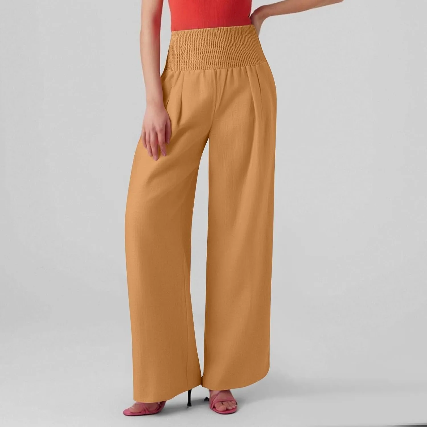 Wide Leg Linen Pants for Women High Waist Summer Palazzo Pants Smocked Elastic Pant Dressy Trouser with Pockets