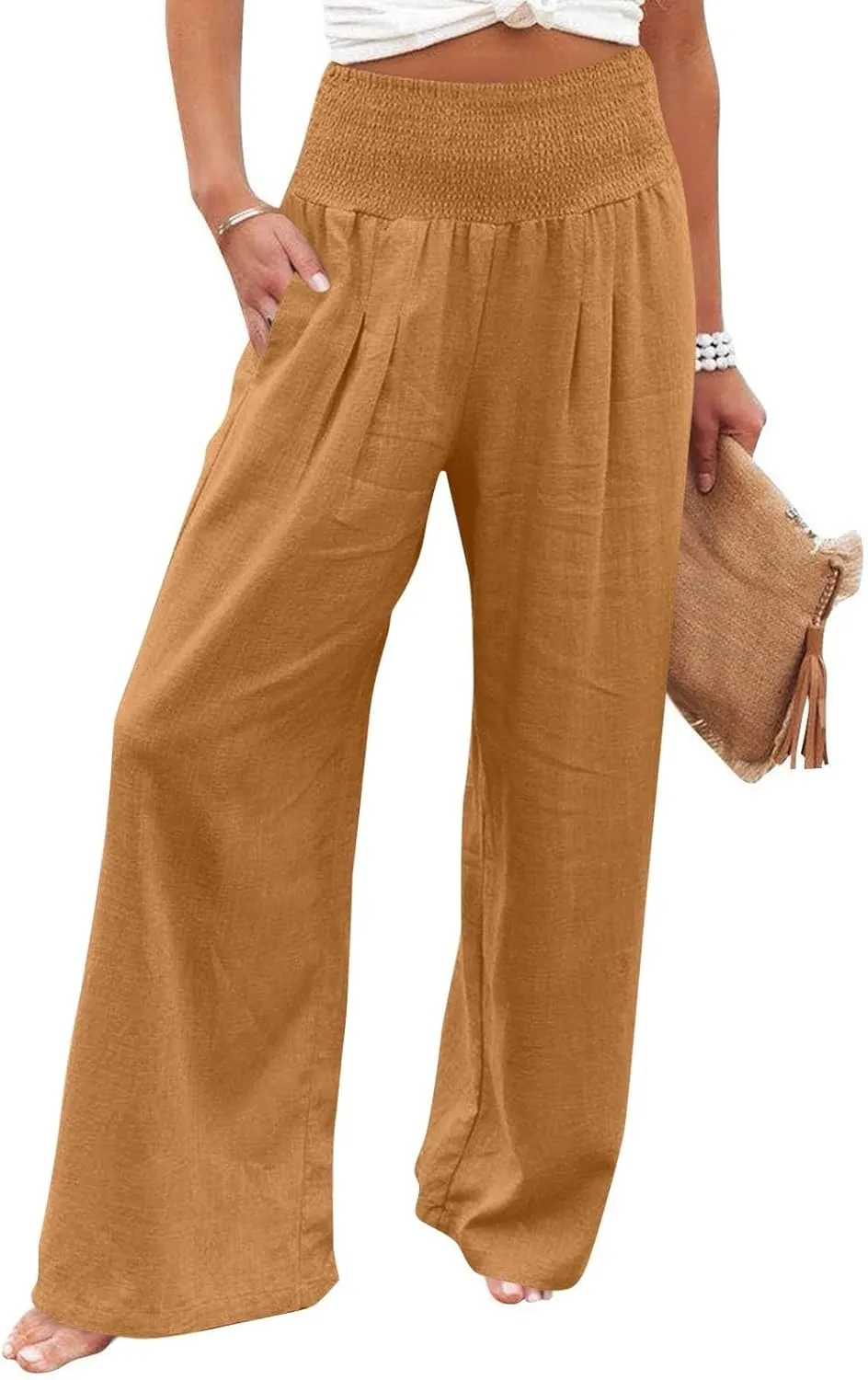 Wide Leg Linen Pants for Women High Waist Summer Palazzo Pants Smocked Elastic Pant Dressy Trouser with Pockets