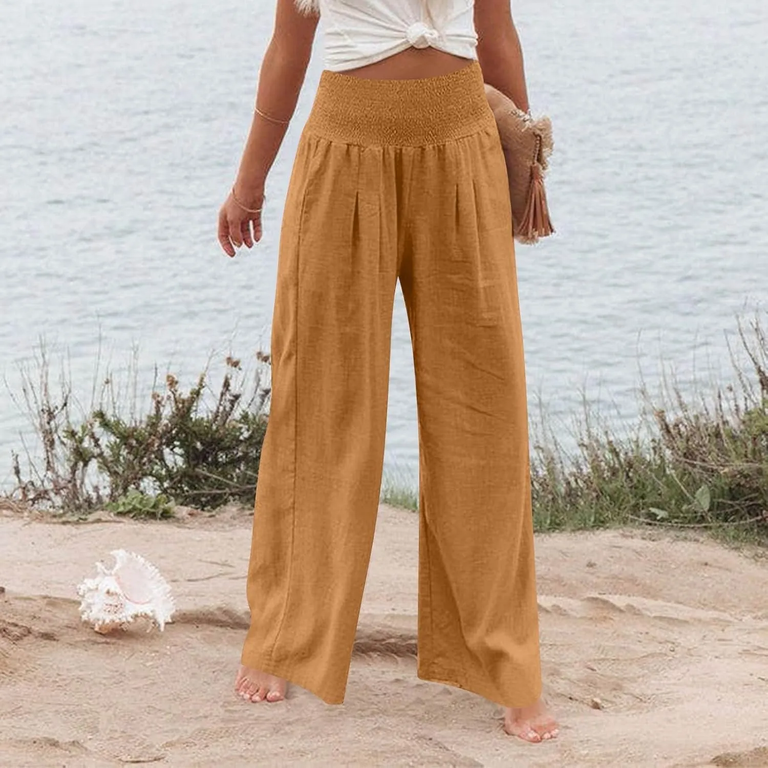 Wide Leg Linen Pants for Women High Waist Summer Palazzo Pants Smocked Elastic Pant Dressy Trouser with Pockets