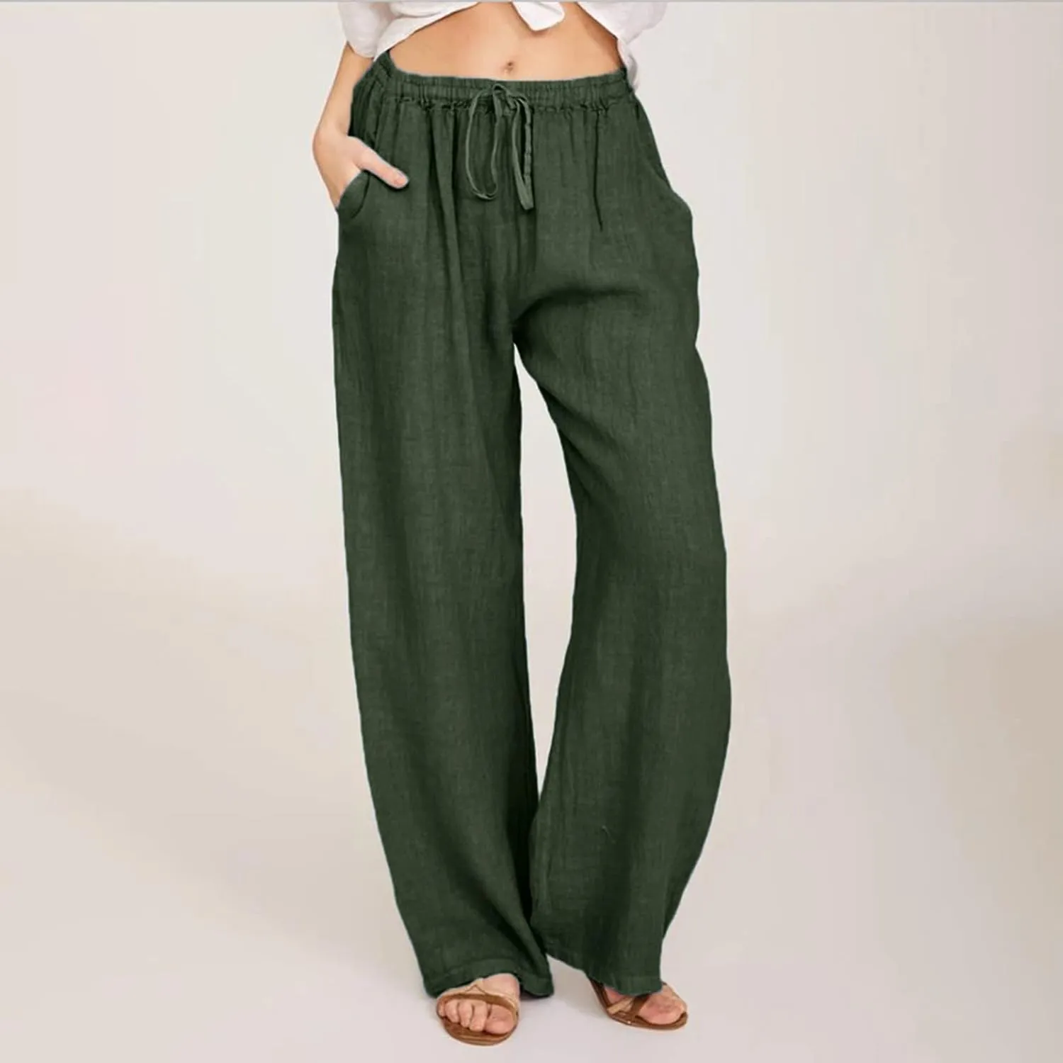 Wide Leg Linen Pants Women Summer Drawstring High Waisted Casual Pants Flowy Palazzo Pants Lightweight Beach Trousers