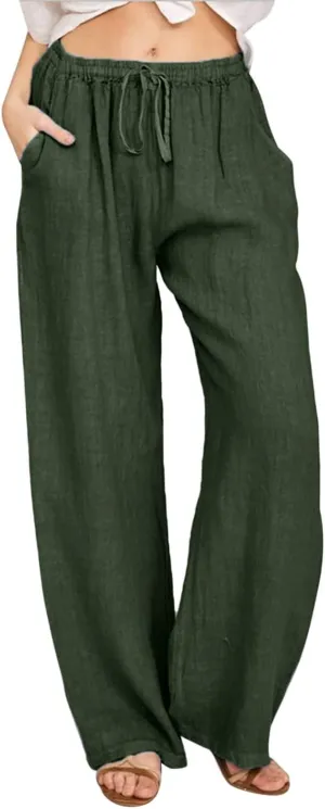 Wide Leg Linen Pants Women Summer Drawstring High Waisted Casual Pants Flowy Palazzo Pants Lightweight Beach Trousers