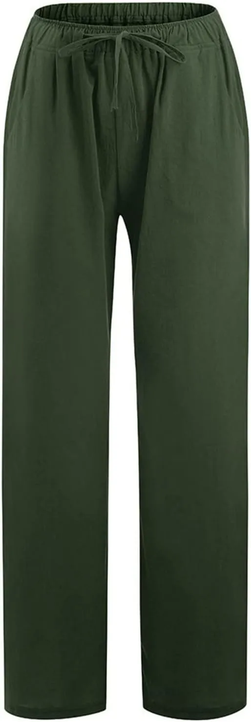 Wide Leg Linen Pants Women Summer Drawstring High Waisted Casual Pants Flowy Palazzo Pants Lightweight Beach Trousers