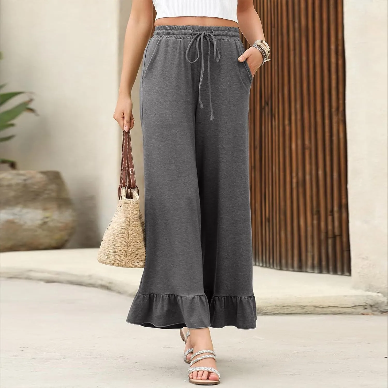 Wide Leg Pants Woman Drawstring High Waisted Ruffle Hem Palazzo Pants Casual Flowy Beach Pants Culottes with Pockets