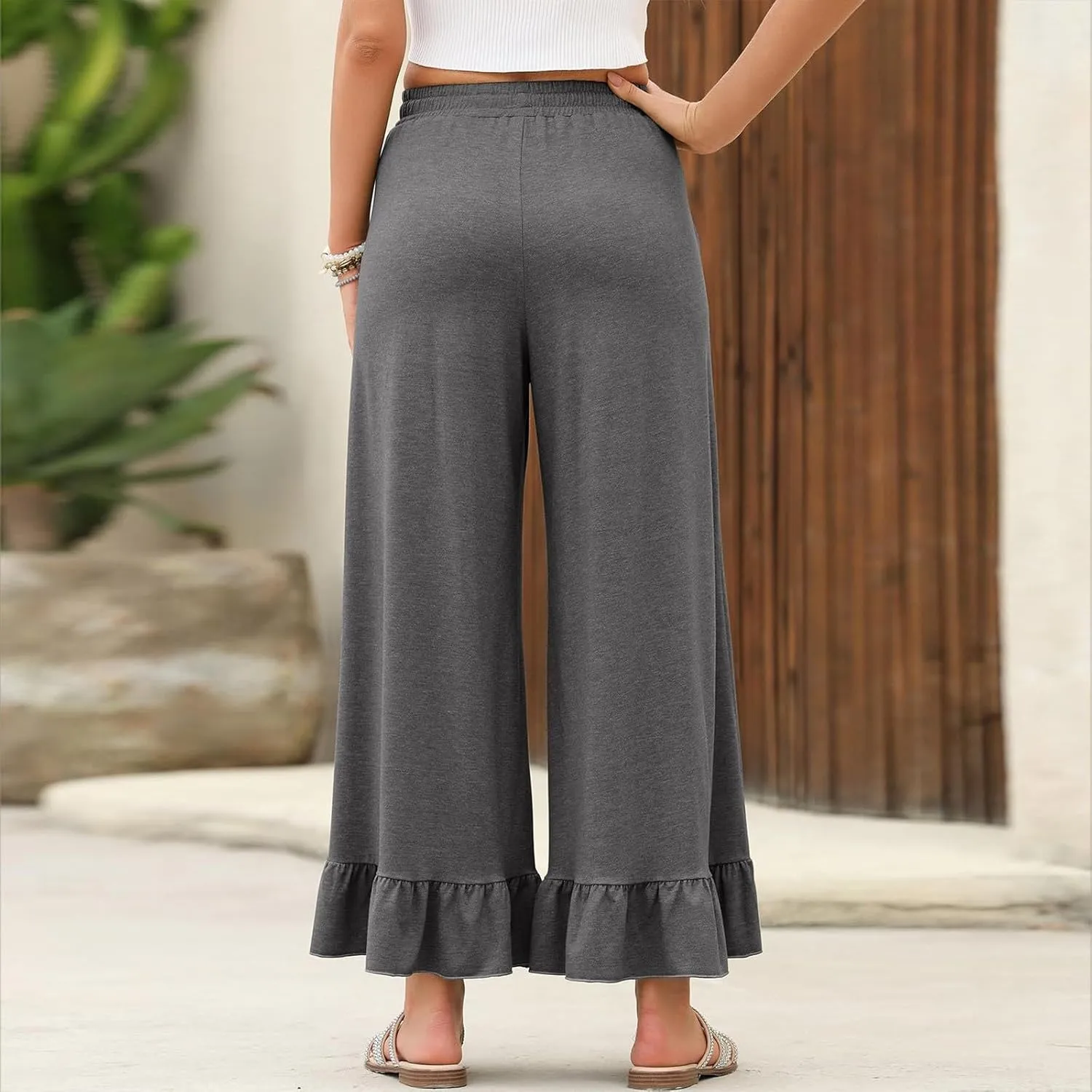 Wide Leg Pants Woman Drawstring High Waisted Ruffle Hem Palazzo Pants Casual Flowy Beach Pants Culottes with Pockets
