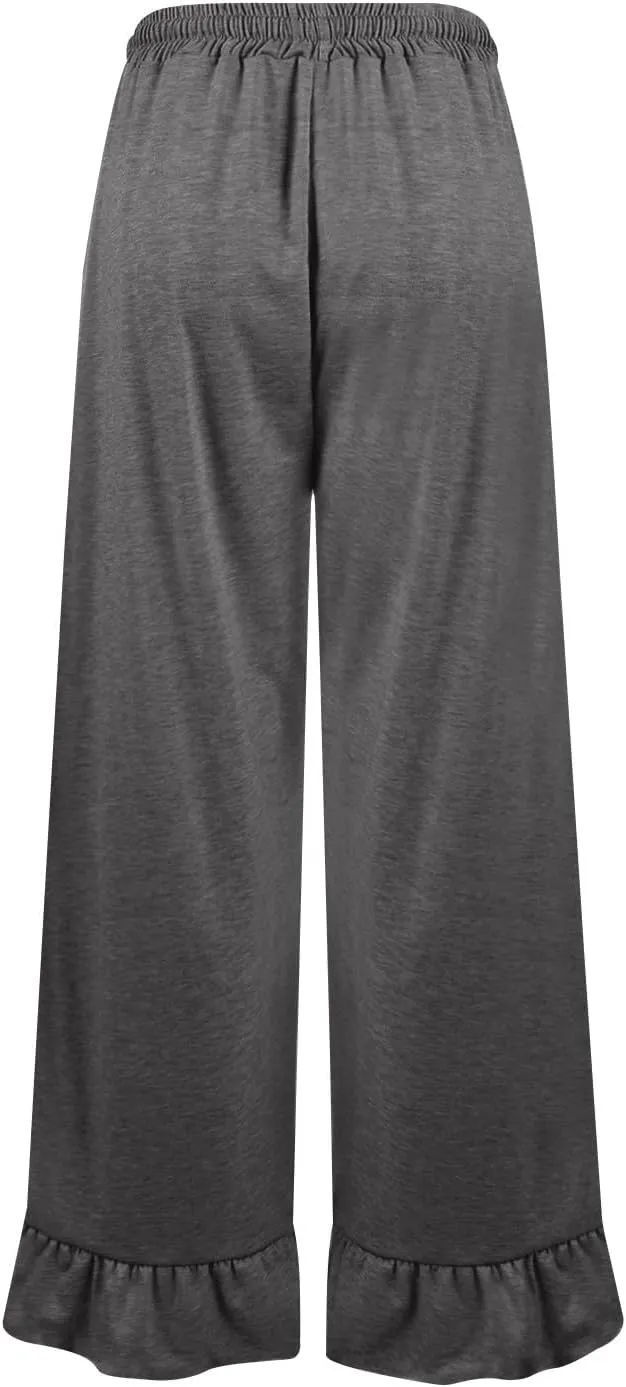 Wide Leg Pants Woman Drawstring High Waisted Ruffle Hem Palazzo Pants Casual Flowy Beach Pants Culottes with Pockets