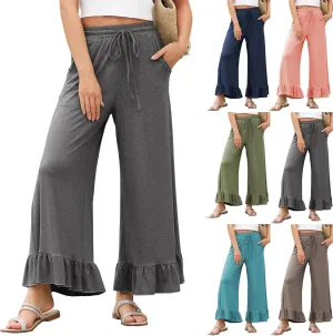 Wide Leg Pants Woman Drawstring High Waisted Ruffle Hem Palazzo Pants Casual Flowy Beach Pants Culottes with Pockets