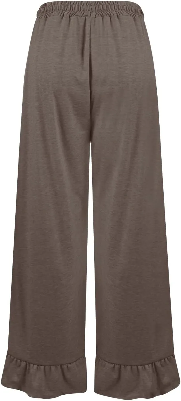 Wide Leg Pants Woman Drawstring High Waisted Ruffle Hem Palazzo Pants Casual Flowy Beach Pants Culottes with Pockets