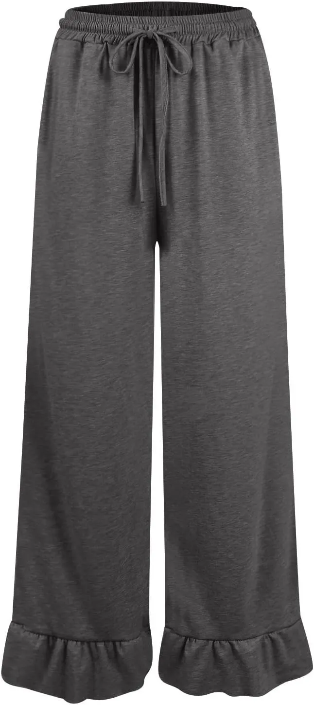 Wide Leg Pants Woman Drawstring High Waisted Ruffle Hem Palazzo Pants Casual Flowy Beach Pants Culottes with Pockets