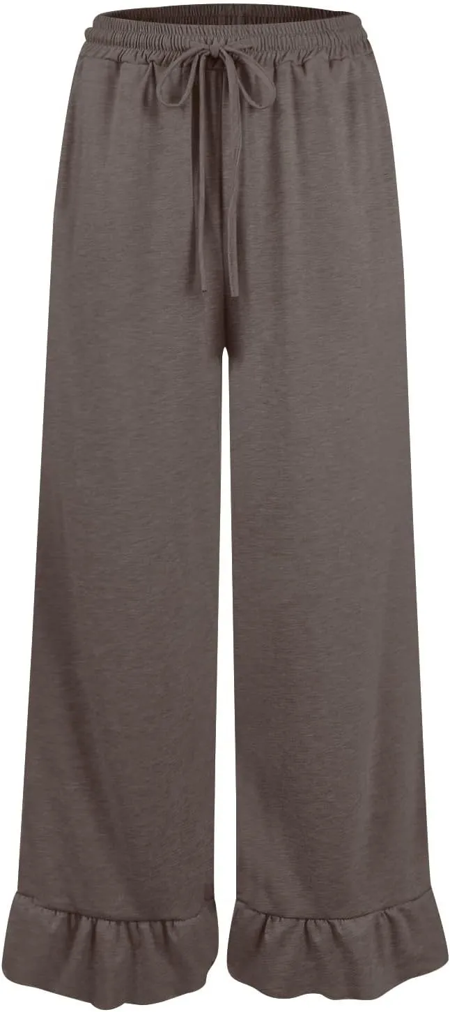 Wide Leg Pants Woman Drawstring High Waisted Ruffle Hem Palazzo Pants Casual Flowy Beach Pants Culottes with Pockets