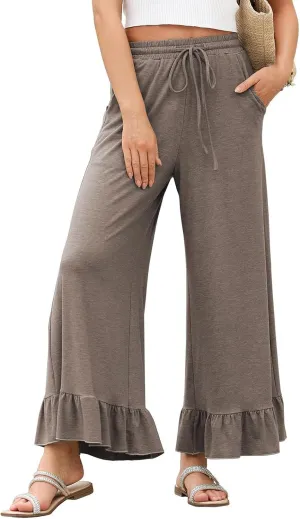 Wide Leg Pants Woman Drawstring High Waisted Ruffle Hem Palazzo Pants Casual Flowy Beach Pants Culottes with Pockets