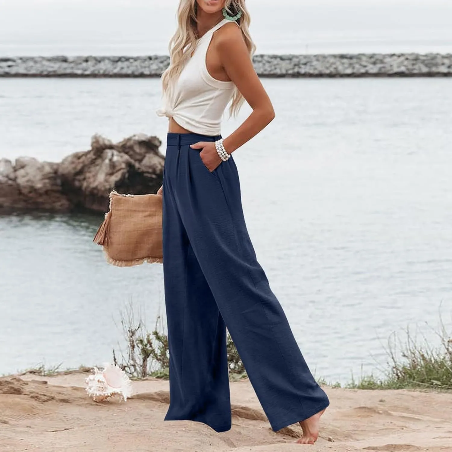 Wide Leg Pants Woman Summer High Waisted Dress Pants Trousers Lightweight Comfy Elastic Waist Pants with Pockets