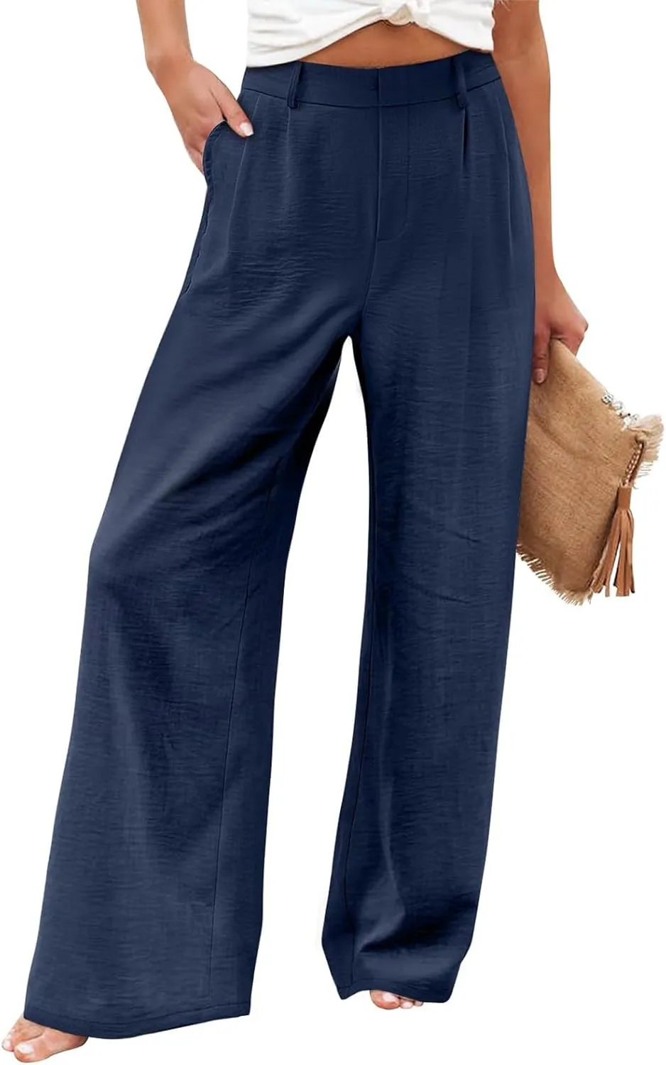 Wide Leg Pants Woman Summer High Waisted Dress Pants Trousers Lightweight Comfy Elastic Waist Pants with Pockets