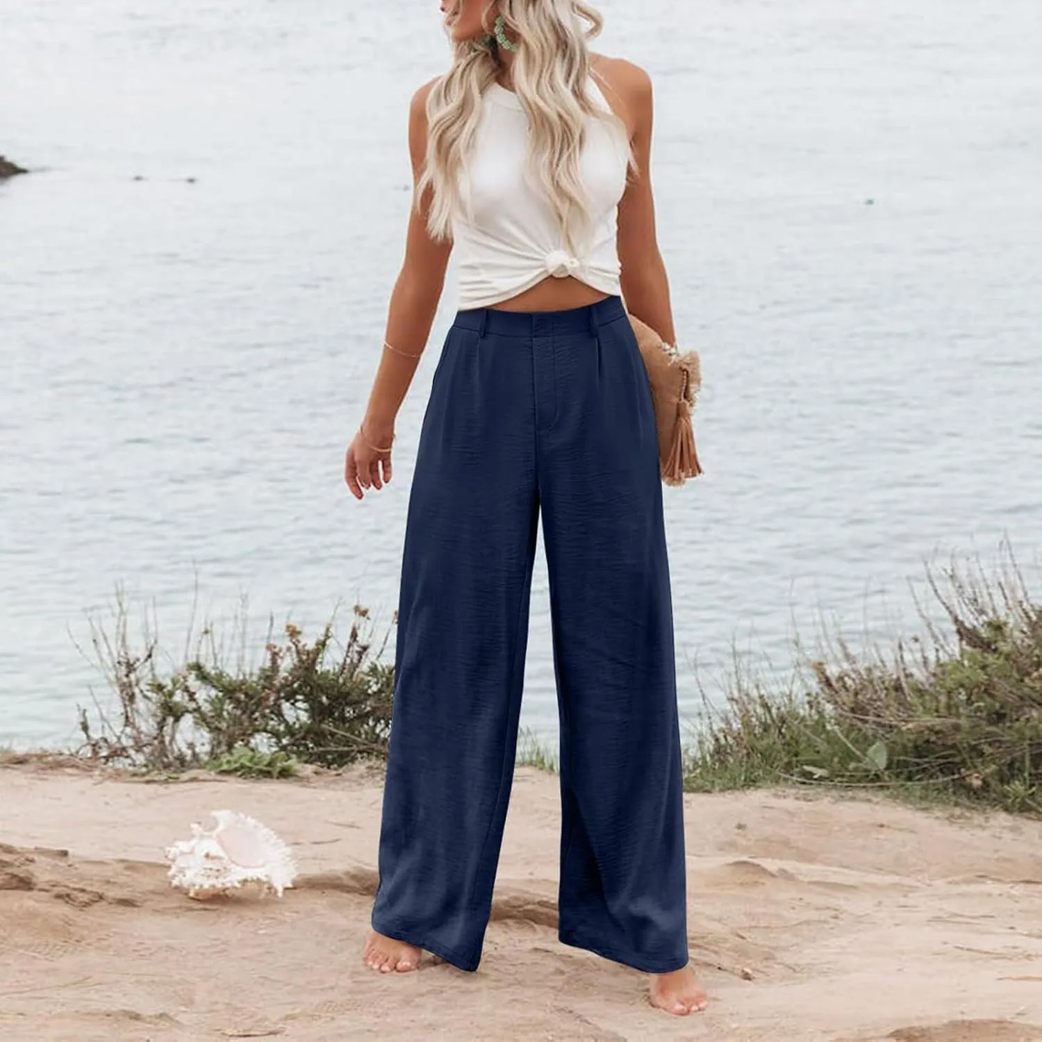 Wide Leg Pants Woman Summer High Waisted Dress Pants Trousers Lightweight Comfy Elastic Waist Pants with Pockets