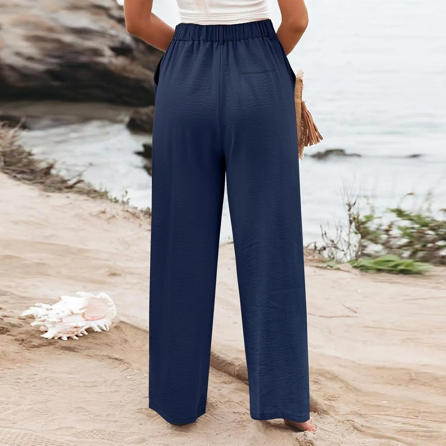 Wide Leg Pants Woman Summer High Waisted Dress Pants Trousers Lightweight Comfy Elastic Waist Pants with Pockets