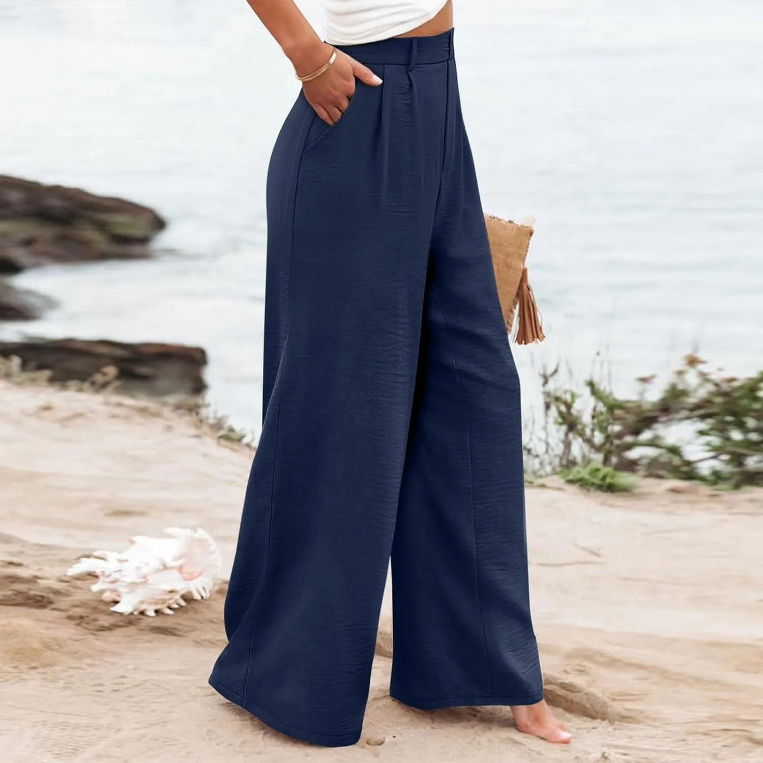 Wide Leg Pants Woman Summer High Waisted Dress Pants Trousers Lightweight Comfy Elastic Waist Pants with Pockets