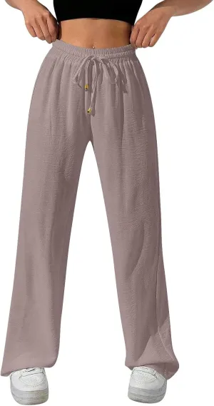 Wide Leg Pants Women Casual Linen Pants Drawstring Elastic Waist Summer Cute Pant Lounge Trouser with Pockets