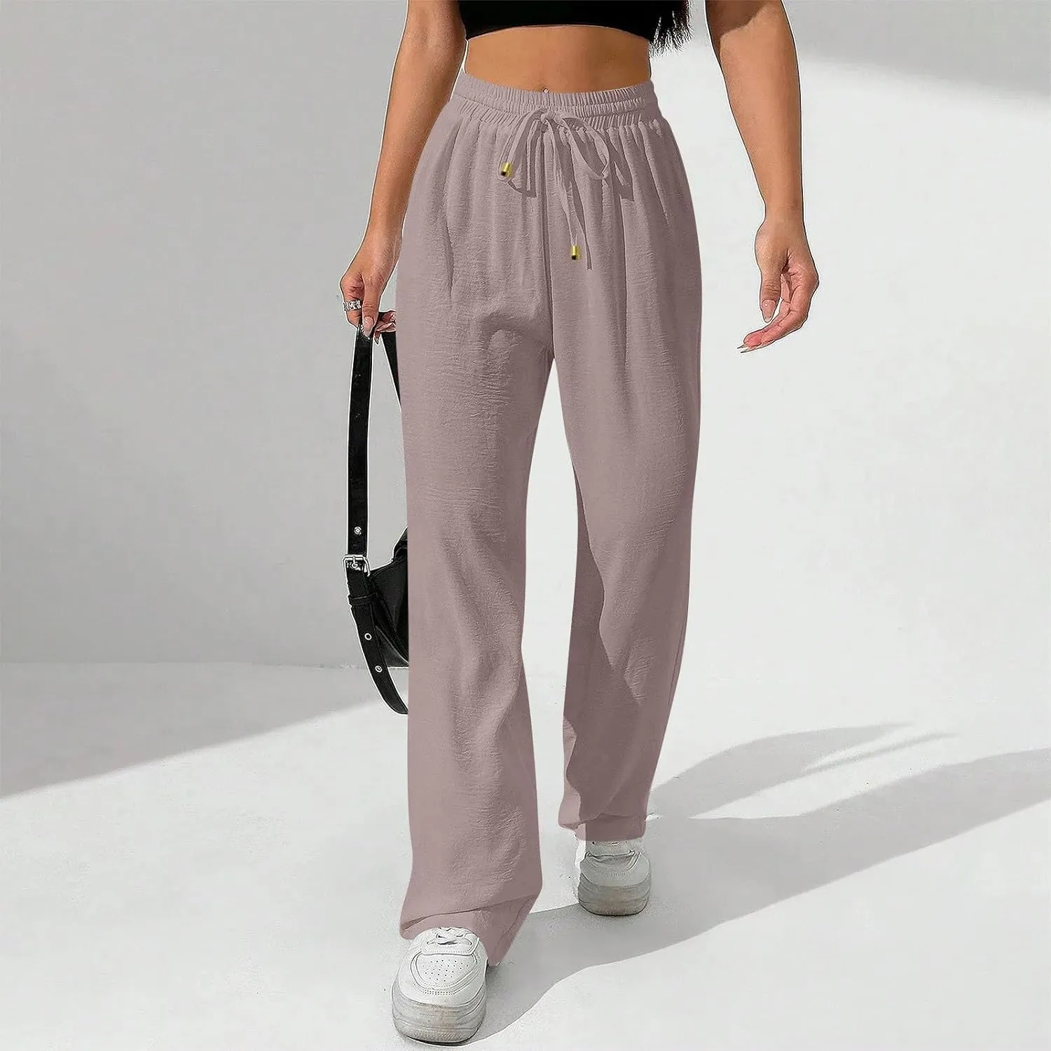 Wide Leg Pants Women Casual Linen Pants Drawstring Elastic Waist Summer Cute Pant Lounge Trouser with Pockets