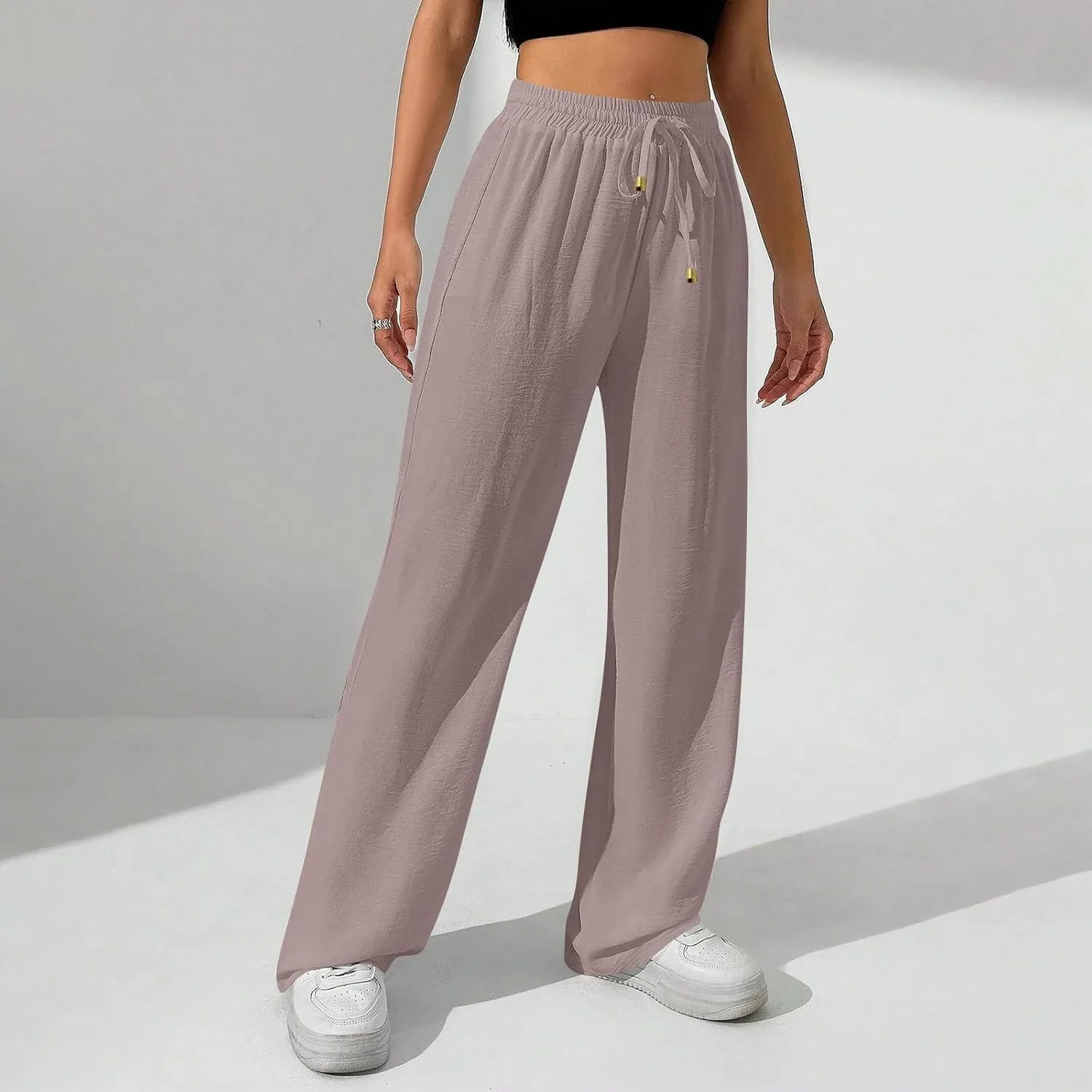 Wide Leg Pants Women Casual Linen Pants Drawstring Elastic Waist Summer Cute Pant Lounge Trouser with Pockets