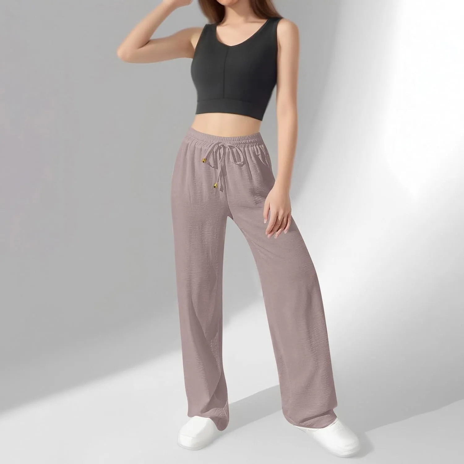 Wide Leg Pants Women Casual Linen Pants Drawstring Elastic Waist Summer Cute Pant Lounge Trouser with Pockets