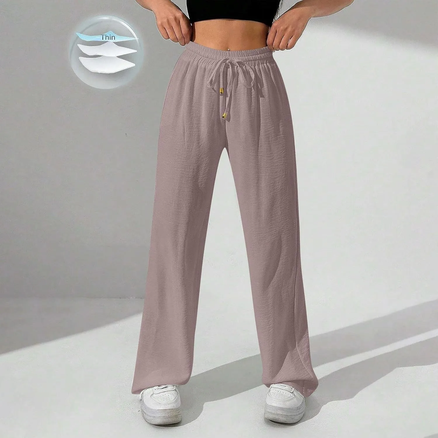 Wide Leg Pants Women Casual Linen Pants Drawstring Elastic Waist Summer Cute Pant Lounge Trouser with Pockets