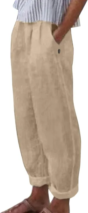 Wide Leg Pants Women Trousers Linen Pants Summer Boho Dressy Ankle Cropped Pants High Waisted Baggy Capris Trousers