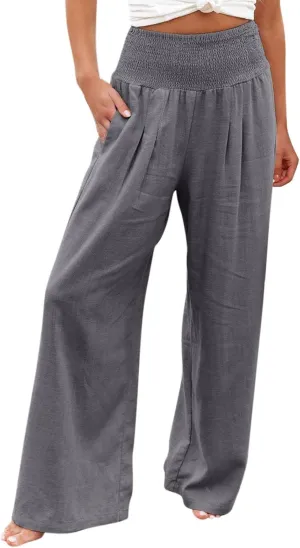 Wide Leg Trousers Women High Waist Casual Loose Palazzo Pants High Waisted Cotton Linen Long Trousers with Pocket