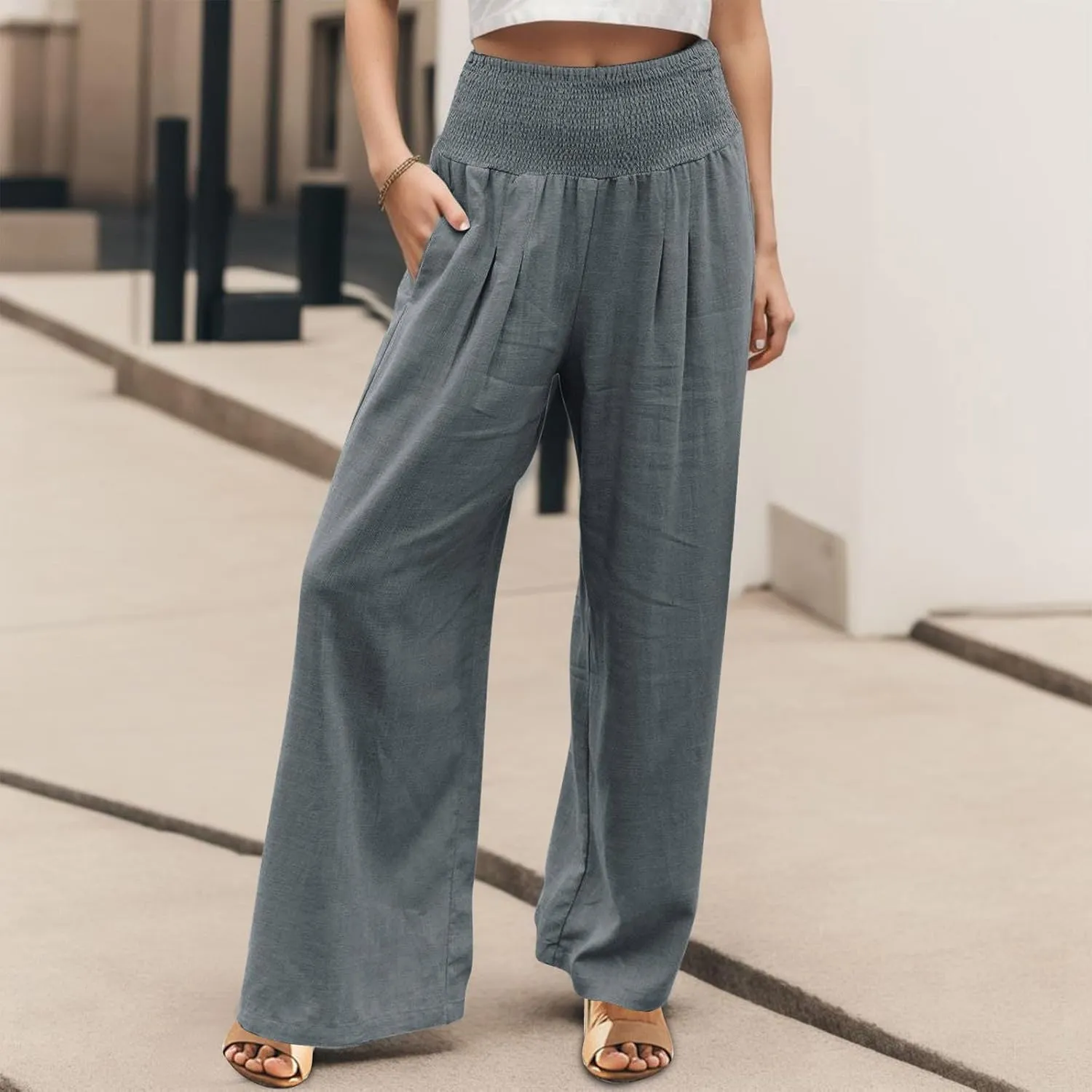 Wide Leg Trousers Women High Waist Casual Loose Palazzo Pants High Waisted Cotton Linen Long Trousers with Pocket