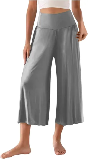 Wide Leg Yoga Capris for Women Casual Loose Soft Cropped Lounge Pant Trousers High Waist Flowy Yoga Pants