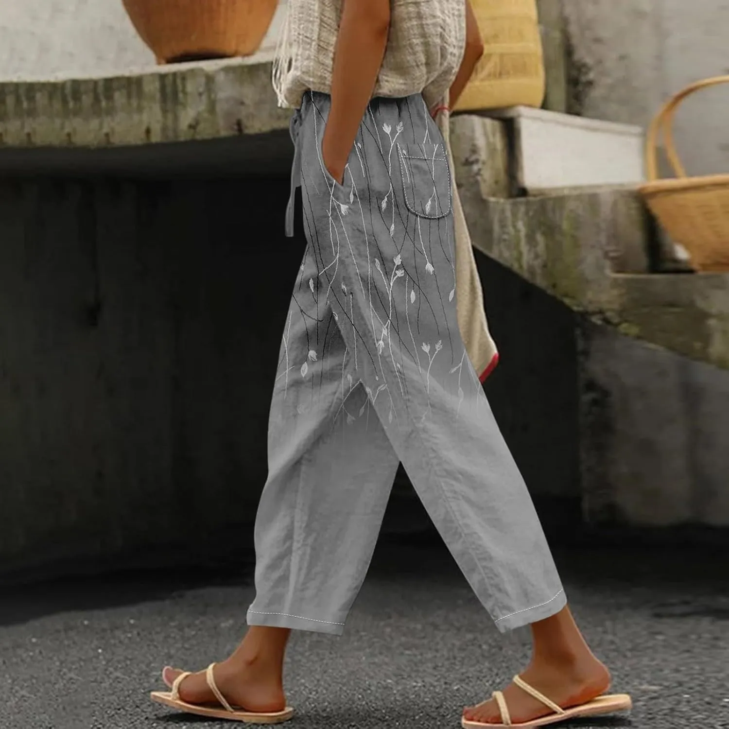 Women Beach Fashion Linen Pants Women Women's Cotton Linen Palazzo Wide Leg Pants, Soft Elastic Waistband