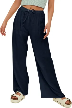 Women Beach Fashion Linen Pants Women Women's Linen Blend High Waisted Straight Pants, Soft Elastic Waistband