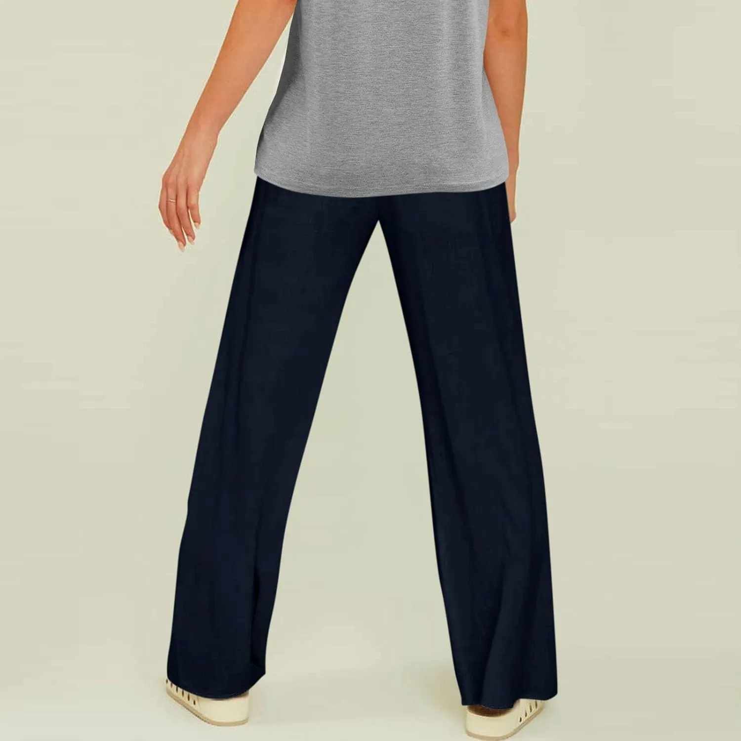 Women Beach Fashion Linen Pants Women Women's Linen Blend High Waisted Straight Pants, Soft Elastic Waistband