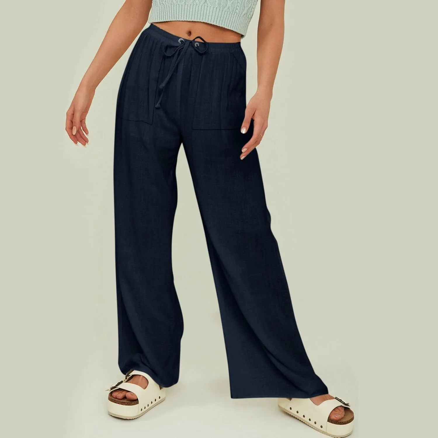 Women Beach Fashion Linen Pants Women Women's Linen Blend High Waisted Straight Pants, Soft Elastic Waistband