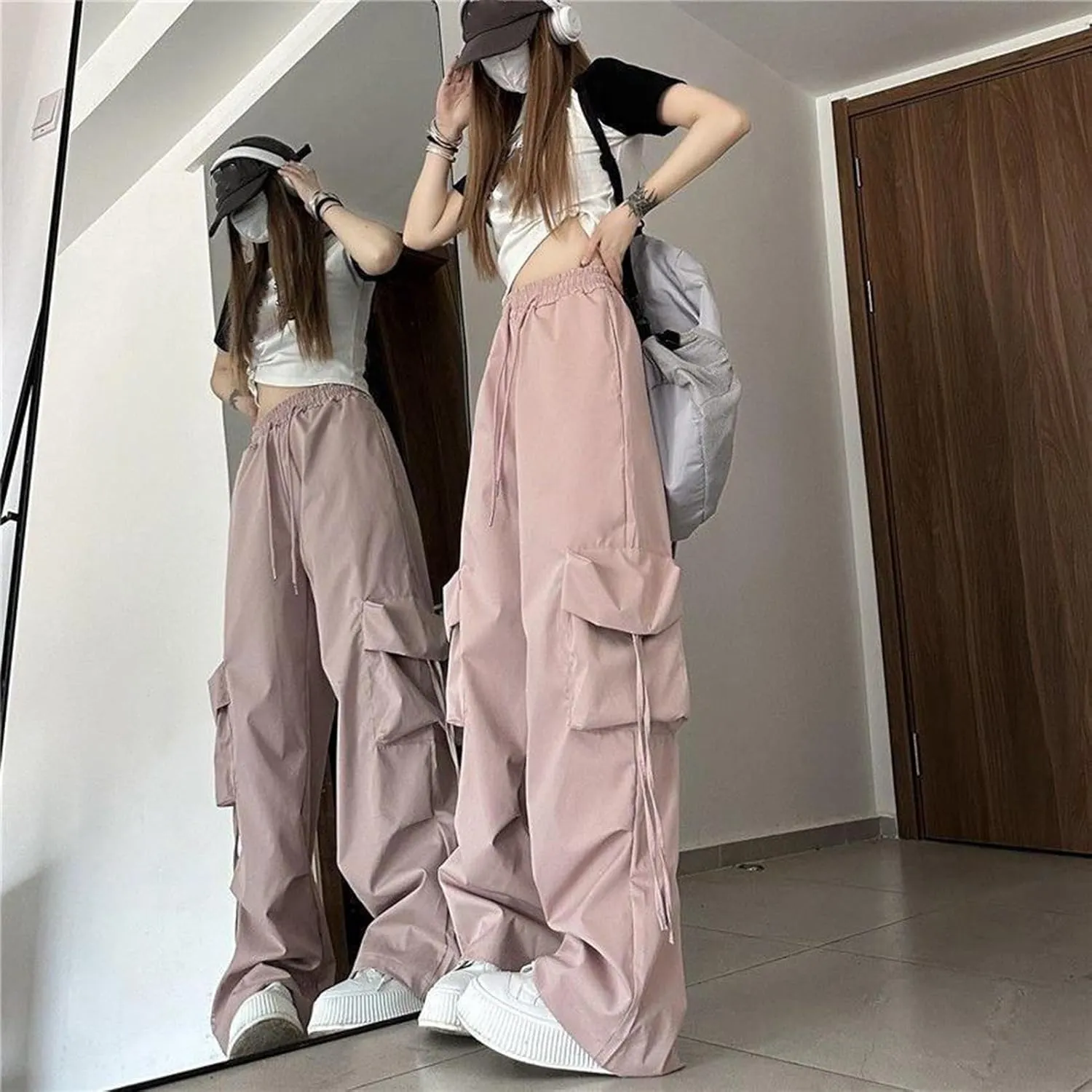 Women Cargo Trousers Retro Women's Pants Elastic High Waist Drawstring Multi-Pocket Straight Wide Leg for Streetwear