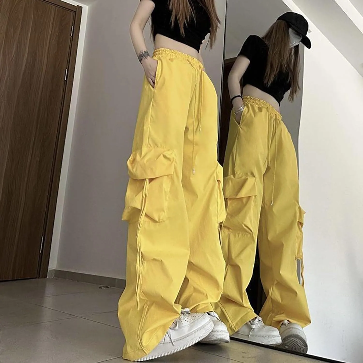 Women Cargo Trousers Retro Women's Pants Elastic High Waist Drawstring Multi-Pocket Straight Wide Leg for Streetwear