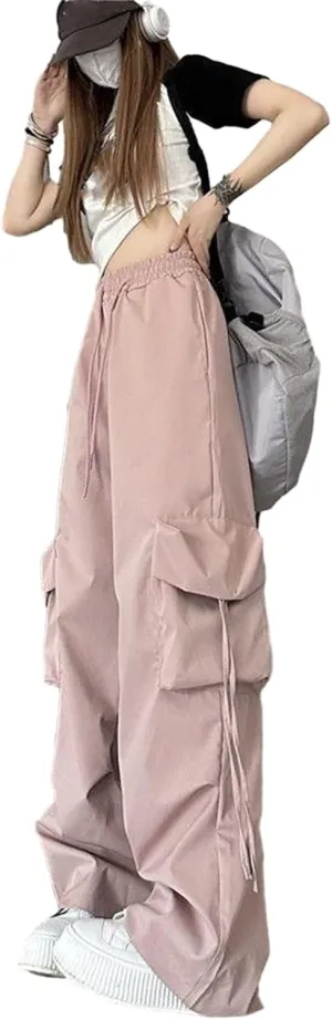 Women Cargo Trousers Retro Women's Pants Elastic High Waist Drawstring Multi-Pocket Straight Wide Leg for Streetwear