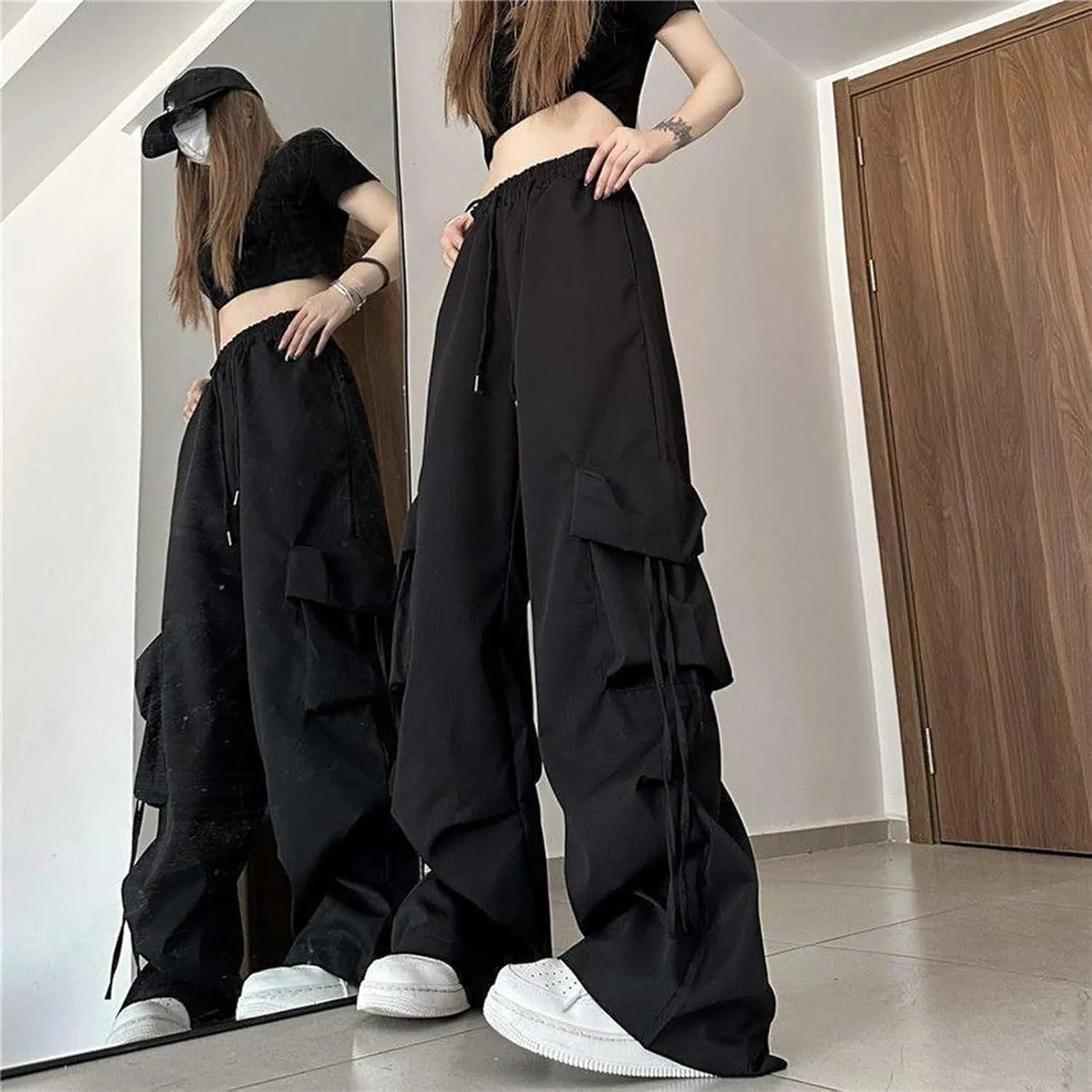 Women Cargo Trousers Retro Women's Pants Elastic High Waist Drawstring Multi-Pocket Straight Wide Leg for Streetwear